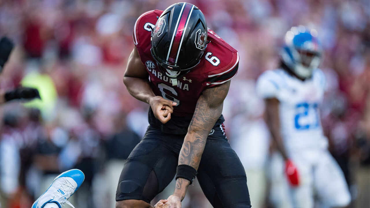 COLUMBIA, SOUTH CAROLINA - OCTOBER 05: Dylan Stewart #6 of the South Carolina Gamecocks reacts after a sack, and was called for unsportsmanlike conduct, in the third quarter during their game against the Mississippi Rebels at Williams-Brice Stadium on October 05, 2024 in Columbia, South Carolina.