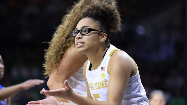SOUTH BEND, INDIANA - FEBRUARY 05: Olivia Miles #5 of the Notre Dame Fighting Irish reacts to a play during the first half in the game against the Duke Blue Devils at Joyce Center on February 05, 2023 in South Bend, Indiana.