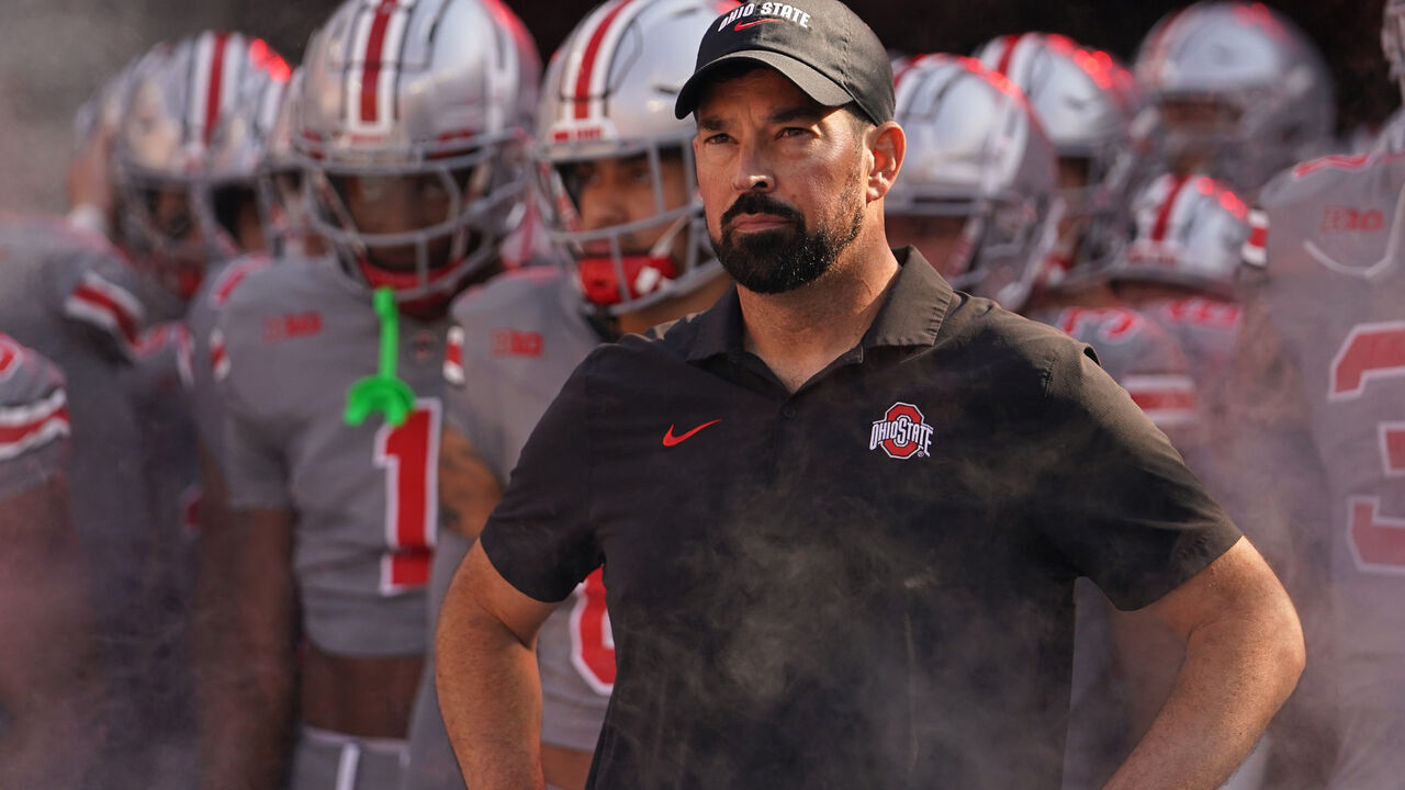 COLUMBUS, OHIO - OCTOBER 05: Head coach Ryan Day of the Ohio State Buckeyes waits to lead his team onto the field before the game against the Iowa Hawkeyes at Ohio Stadium on October 05, 2024 in Columbus, Ohio.