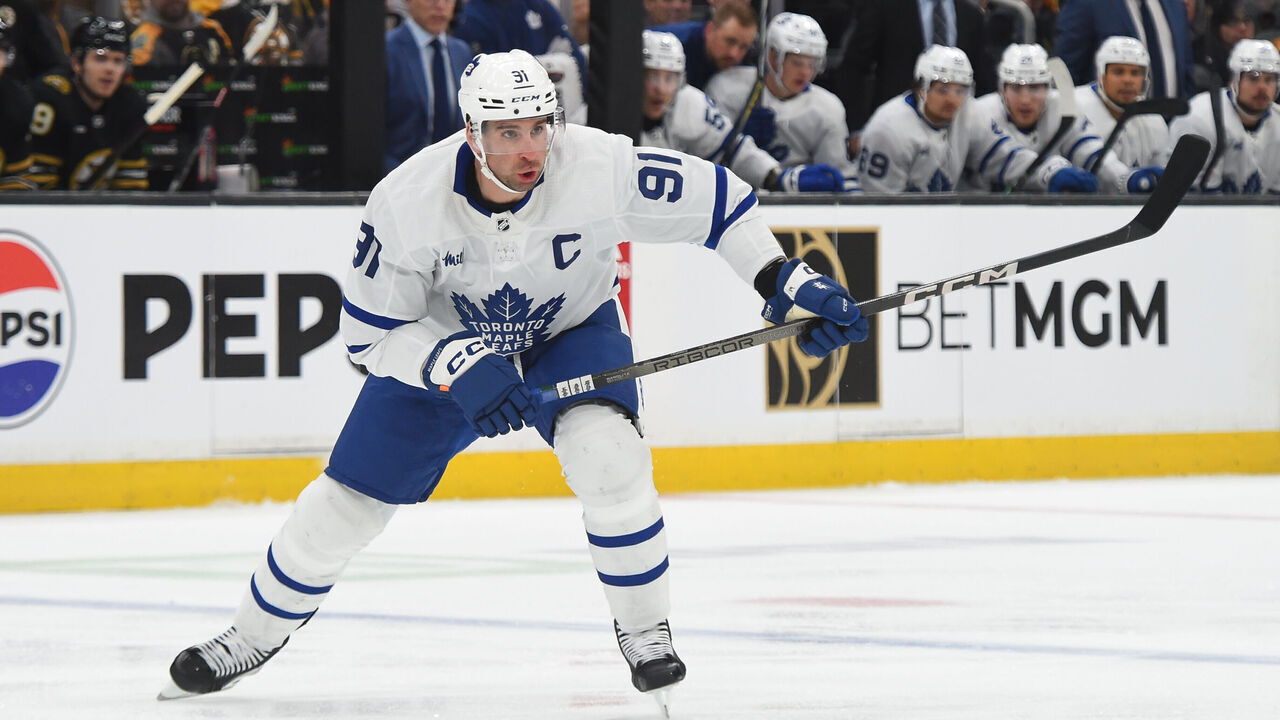 BOSTON, MASSACHUSETTS - APRIL 22: John Tavares #91 of the Toronto Maple Leafs skates against the Boston Bruins in Game Two of the First Round of the 2024 Stanley Cup Playoffs at the TD Garden on April 22, 2024 in Boston, Massachusetts.