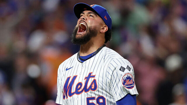 NEW YORK, NEW YORK - OCTOBER 08: Sean Manaea #59 of the New York Mets reacts after a double play to end the sixth inning against the Philadelphia Phillies during Game Three of the Division Series at Citi Field on October 08, 2024 in New York City.