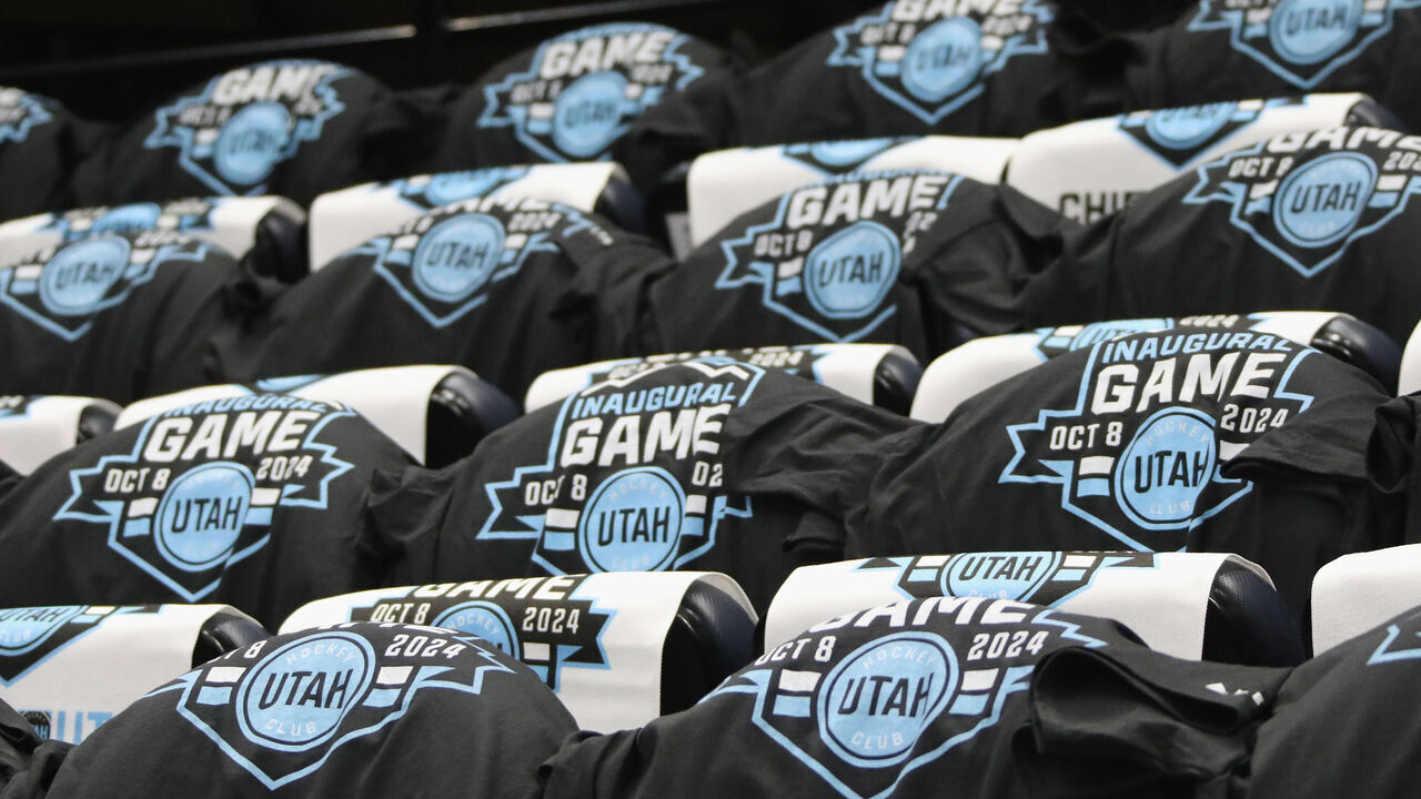 SALT LAKE CITY, UTAH - OCTOBER 08: Rally towels and shirts are laid out on chairs prior to the premier game for the Utah Hockey Club at Delta Center on October 08, 2024 in Salt Lake City, Utah.