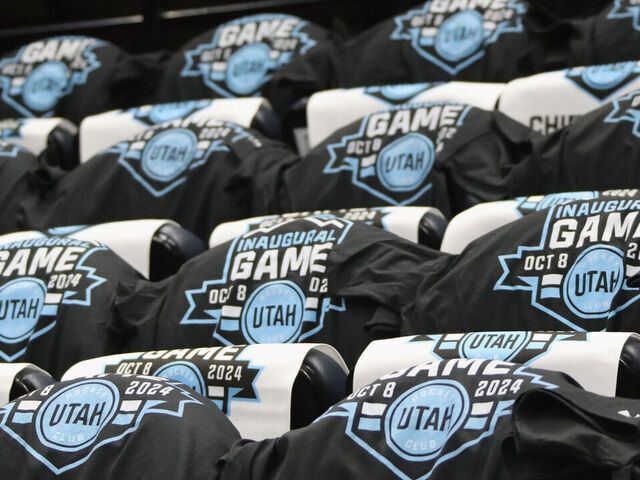 SALT LAKE CITY, UTAH - OCTOBER 08: Rally towels and shirts are laid out on chairs prior to the premier game for the Utah Hockey Club at Delta Center on October 08, 2024 in Salt Lake City, Utah.