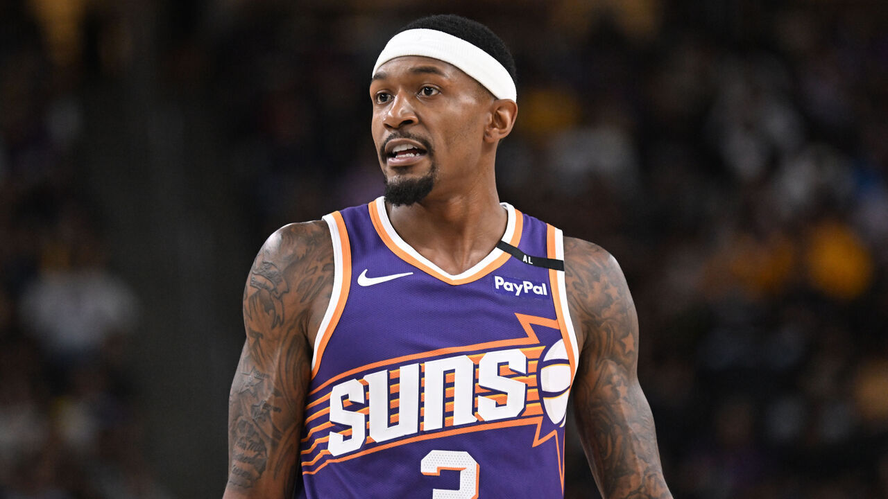 LOS ANGELES, CA - OCTOBER 6: Bradley Beal #3 of the Phoenix Suns looks on during the game against the Los Angeles Lakers on October 6, 2024 at Acrisure Arena in Palm Springs, California. NOTE TO USER: User expressly acknowledges and agrees that, by downloading and/or using this Photograph, user is consenting to the terms and conditions of the Getty Images License Agreement. Mandatory Copyright Notice: Copyright 2024 NBAE