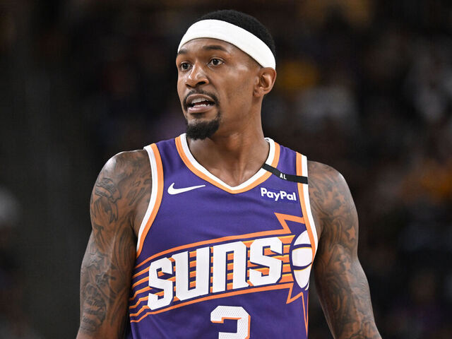 LOS ANGELES, CA - OCTOBER 6: Bradley Beal #3 of the Phoenix Suns looks on during the game against the Los Angeles Lakers on October 6, 2024 at Acrisure Arena in Palm Springs, California. NOTE TO USER: User expressly acknowledges and agrees that, by downloading and/or using this Photograph, user is consenting to the terms and conditions of the Getty Images License Agreement. Mandatory Copyright Notice: Copyright 2024 NBAE