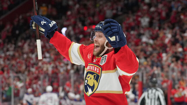 SUNRISE, FL - JUNE 24: Florida Panthers center Carter Verhaeghe (23) celebrates a goal in the second period during game seven of the Stanley Cup Finals between the Edmonton Oilers and the Florida Panthers on Monday, June 24, 2024 at Amerant Bank Arena in Sunrise, Fla.