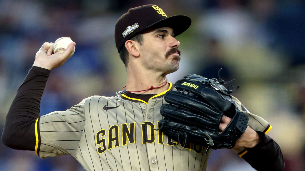 LOS ANGELES, CALIFORNIA - OCTOBER 05: Dylan Cease #84 of the San Diego Padres throws a pitch during the second inning against the Los Angeles Dodgers in Game One of the Division Series at Dodger Stadium on October 05, 2024 in Los Angeles, California.