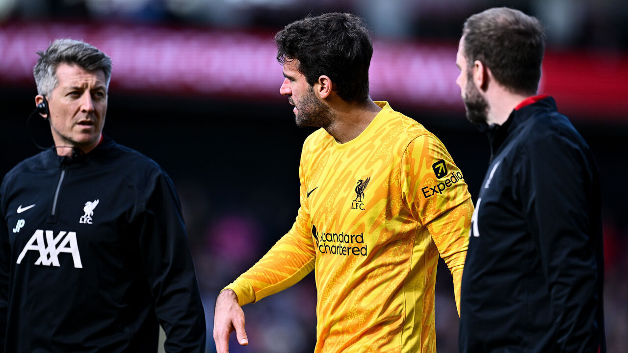 LONDON, ENGLAND - OCTOBER 5: Alisson Becker of Liverpool F.C. injured during the Premier League match between Crystal Palace FC and Liverpool FC at Selhurst Park on October 5, 2024 in London, United Kingdom.