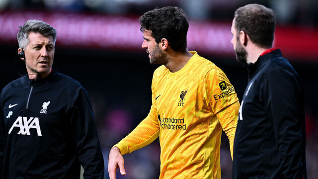 LONDON, ENGLAND - OCTOBER 5: Alisson Becker of Liverpool F.C. injured during the Premier League match between Crystal Palace FC and Liverpool FC at Selhurst Park on October 5, 2024 in London, United Kingdom.