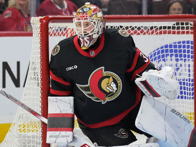 OTTAWA, CANADA - OCTOBER 05: Linus Ullmark #35 of the Ottawa Senators skates against the Montreal Canadiens at Canadian Tire Centre on October 05, 2024 in Ottawa, Ontario, Canada.