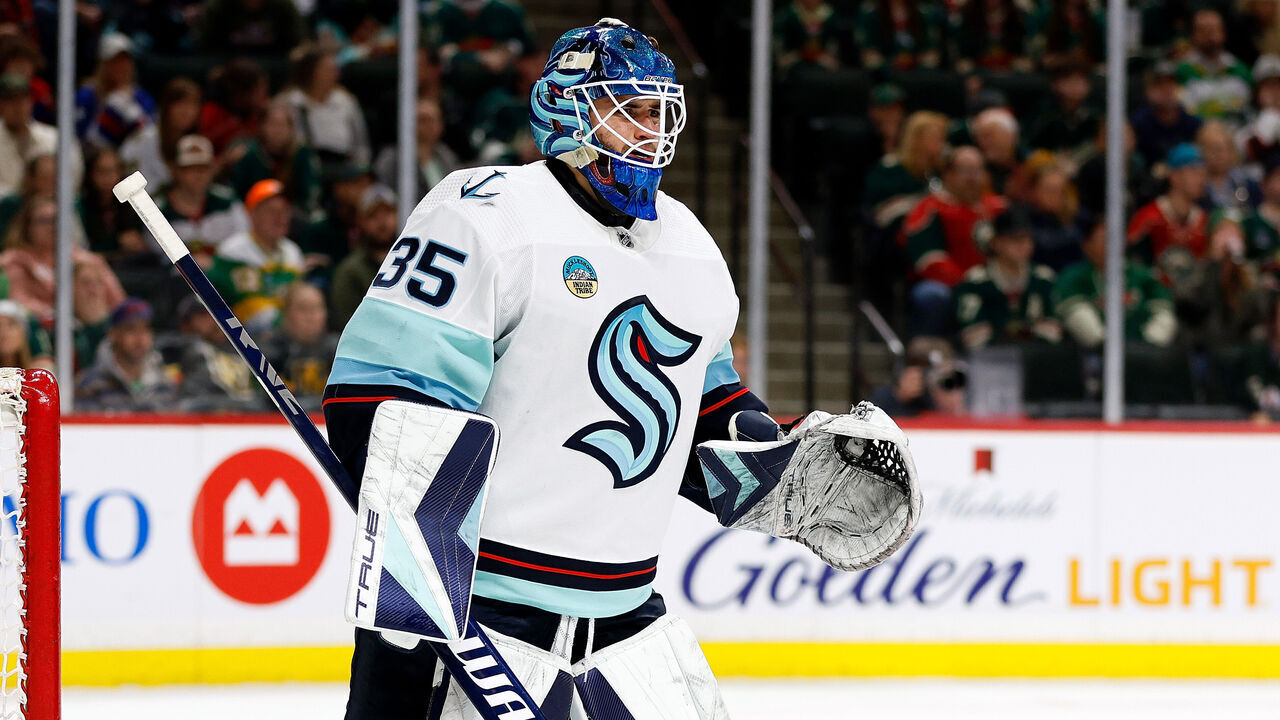 ST PAUL, MINNESOTA - APRIL 18: Joey Daccord #35 of the Seattle Kraken looks on against the Minnesota Wild in the second period at Xcel Energy Center on April 18, 2024 in St Paul, Minnesota.