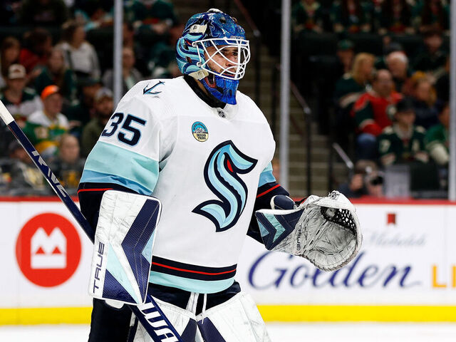ST PAUL, MINNESOTA - APRIL 18: Joey Daccord #35 of the Seattle Kraken looks on against the Minnesota Wild in the second period at Xcel Energy Center on April 18, 2024 in St Paul, Minnesota.