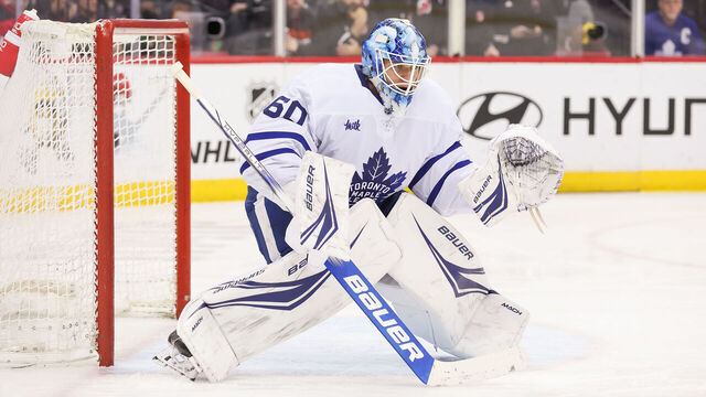 NEWARK, NJ - APRIL 09: Toronto Maple Leafs goaltender Joseph Woll (60) tends the net during a game between the Toronto Maple Leafs and New Jersey Devils on April 9, 2024 at Prudential Center in the Newark, New Jersey.