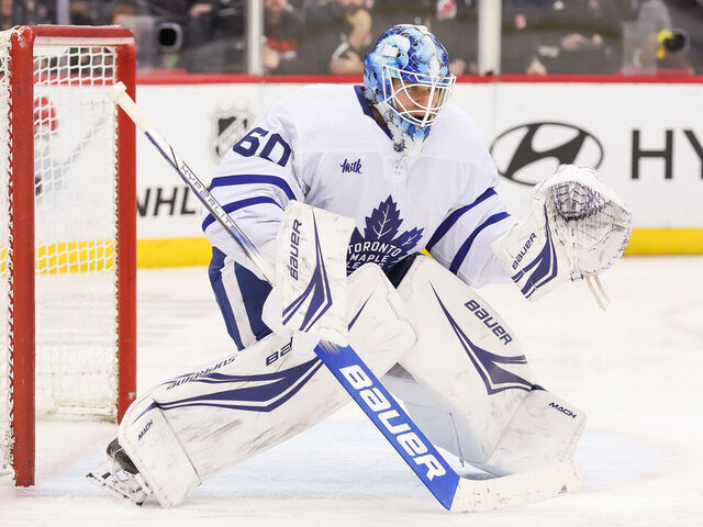 NEWARK, NJ - APRIL 09: Toronto Maple Leafs goaltender Joseph Woll (60) tends the net during a game between the Toronto Maple Leafs and New Jersey Devils on April 9, 2024 at Prudential Center in the Newark, New Jersey.