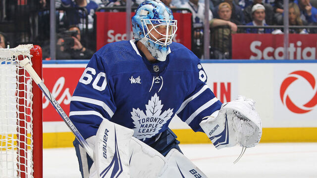 TORONTO, CANADA - MAY 2: Joseph Woll #60 of the Toronto Maple Leafs watches for a shot against the Boston Bruins during the First period in Game Six of the First Round of the 2024 Stanley Cup Playoffs at Scotiabank Arena on May 2, 2024 in Toronto, Ontario, Canada. The Maple Leafs defeated the Bruins 2-1.