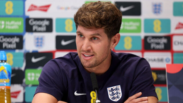 LONDON, ENGLAND - OCTOBER 09: John Stones of England speaks to the media during a press conference at Spurs Lodge on October 09, 2024 in London, England.