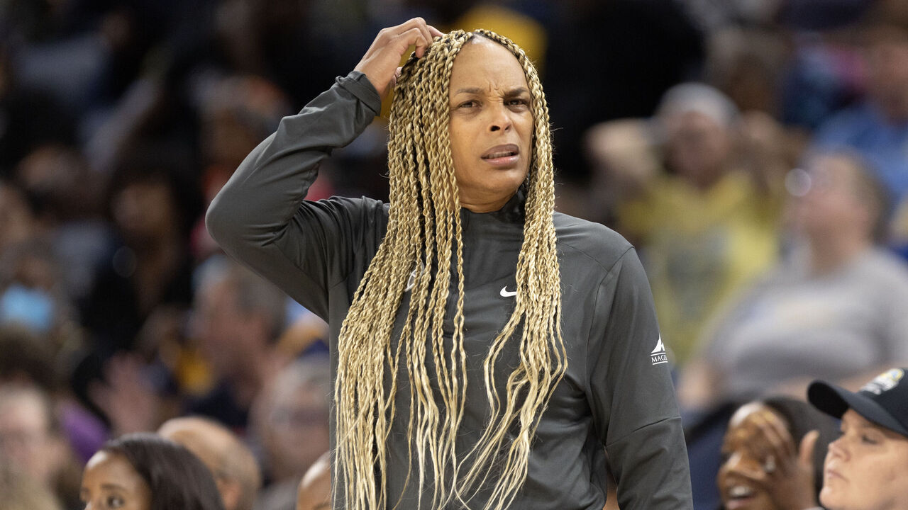 CHICAGO, ILLINOIS - AUGUST 28: Head coach Teresa Weatherspoon of the Chicago Sky complains about a call against her team during the fourth quarter of a home basketball game against the Washington Mystics at Wintrust Arena on August 28, 2024 in Chicago, Illinois.