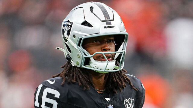LAS VEGAS, NEVADA - SEPTEMBER 29: Jakobi Meyers #16 of the Las Vegas Raiders looks on before the game against the Cleveland Browns at Allegiant Stadium on September 29, 2024 in Las Vegas, Nevada.