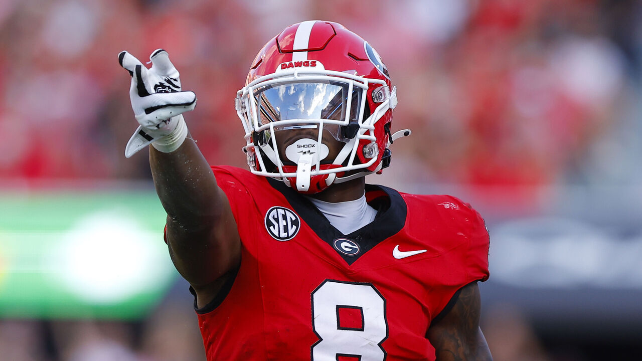 ATHENS, GEORGIA - OCTOBER 5: Colbie Young #8 of the Georgia Bulldogs reacts during the third quarter against the Auburn Tigers at Sanford Stadium on October 5, 2024 in Athens, Georgia.