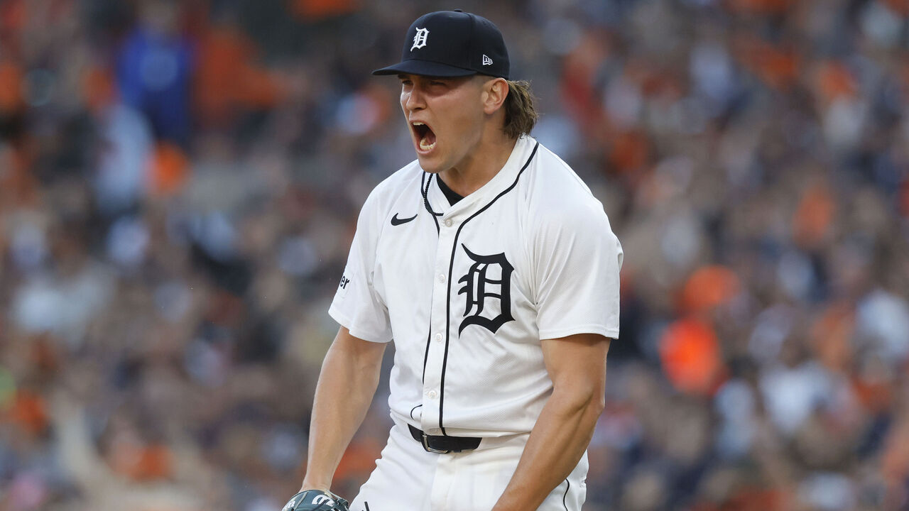 DETROIT, MICHIGAN - OCTOBER 09: Tyler Holton #87 of the Detroit Tigers reacts after striking out Austin Hedges #27 of the Cleveland Guardians in the ninth inning to end Game Three of the Division Series at Comerica Park on October 09, 2024 in Detroit, Michigan.