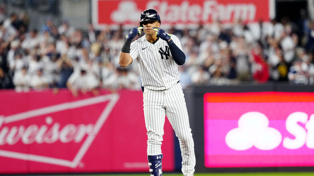NEW YORK, NY - OCTOBER 05: Juan Soto #22 of the New York Yankees reacts to hitting a double in the first inning during Game 1 of the Division Series presented by Booking.com between the Kansas City Royals and the New York Yankees at Yankee Stadium on Saturday, October 5, 2024 in New York, New York.
