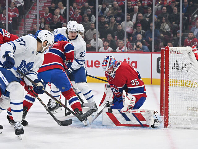 MONTREAL, CANADA - OCTOBER 09: Goaltender Sam Montembeault #35 of the Montreal Canadiens makes a pad save during the first period against the Toronto Maple Leafs at the Bell Centre on October 9, 2024 in Montreal, Quebec, Canada.
