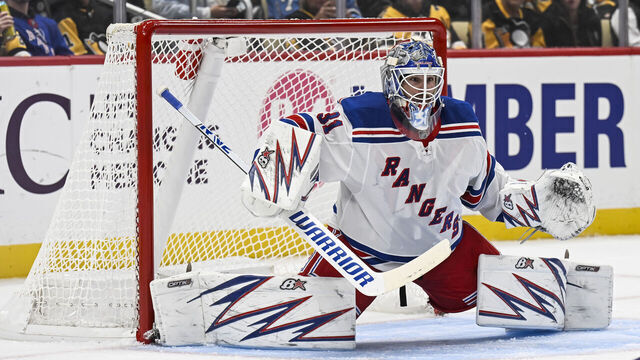 PITTSBURGH, PA - OCTOBER 09: New York Rangers goaltender Igor Shesterkin (31) tends net during the second period in the NHL game between the Pittsburgh Penguins and the New York Rangers on October 9, 2024, at PPG Paints Arena in Pittsburgh, PA.