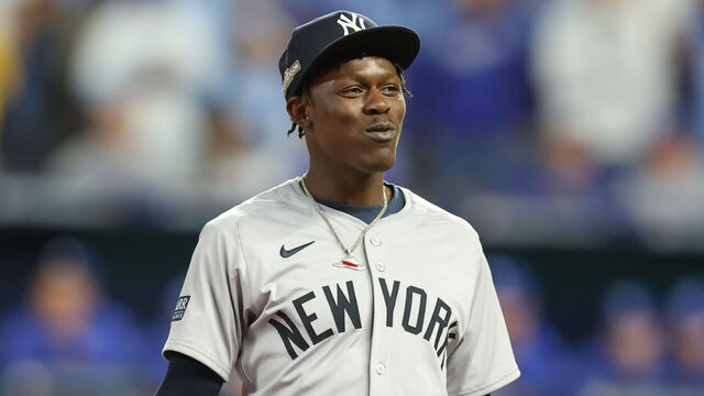 KANSAS CITY, MO - OCTOBER 09: New York Yankees third base Jazz Chisholm Jr. (13) smiles in the ninth inning of game 3 of the ALDS between the New York Yankees and Kansas City Royals on October 9, 2024 at Kauffman Stadium in Kansas City, MO.