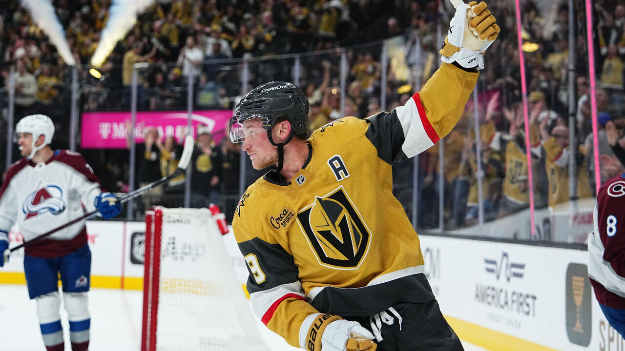 LAS VEGAS, NEVADA - OCTOBER 09: Jack Eichel #9 of the Vegas Golden Knights reacts after a goal by Ivan Barbashev #49 during the first period against the Colorado Avalanche at T-Mobile Arena on October 09, 2024 in Las Vegas, Nevada.