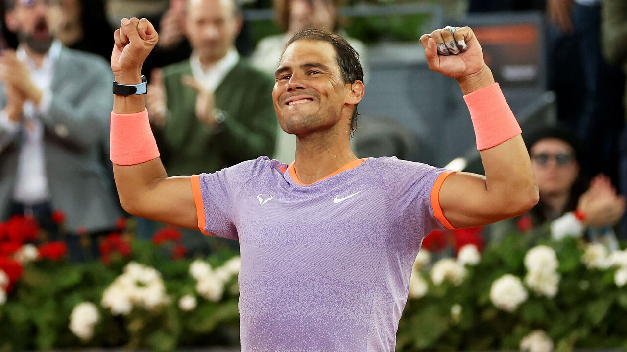 MADRID, SPAIN - APRIL 27: Rafael Nadal of Spain celebrates victory against Alex de Minaur of Australia in the Men's Singles Round of 64 match during Day Five of the Mutua Madrid Open at La Caja Magica on April 27, 2024 in Madrid, Spain.