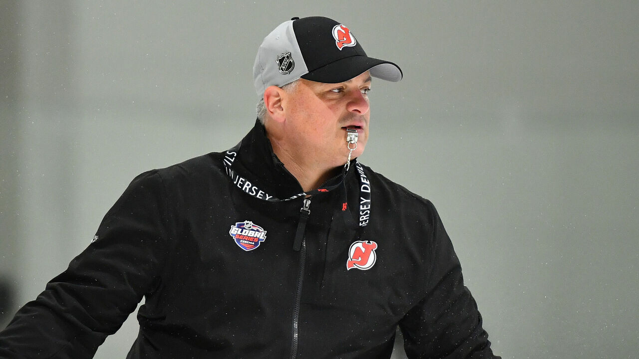 PRAGUE, CZECH REPUBLIC - SEPTEMBER 30: Head coach Sheldon Keefe of the New Jersey Devils leads practice prior to the 2024 NHL Global Series Czechia on September 30, 2024 in Prague, Czech Republic.