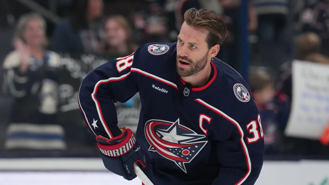 COLUMBUS, OHIO - OCTOBER 03: Boone Jenner #38 of the Columbus Blue Jackets warms up before the preseason game against the Pittsburgh Penguins at Nationwide Arena on October 03, 2024 in Columbus, Ohio.