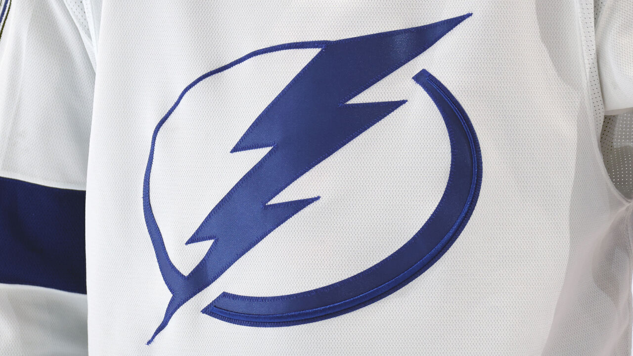 PHILADELPHIA, PENNSYLVANIA - JANUARY 23: A view of the jersey logo of the Tampa Bay Lightning during an NHL game against the Philadelphia Flyers at the Wells Fargo Center on January 23, 2024 in Philadelphia, Pennsylvania.