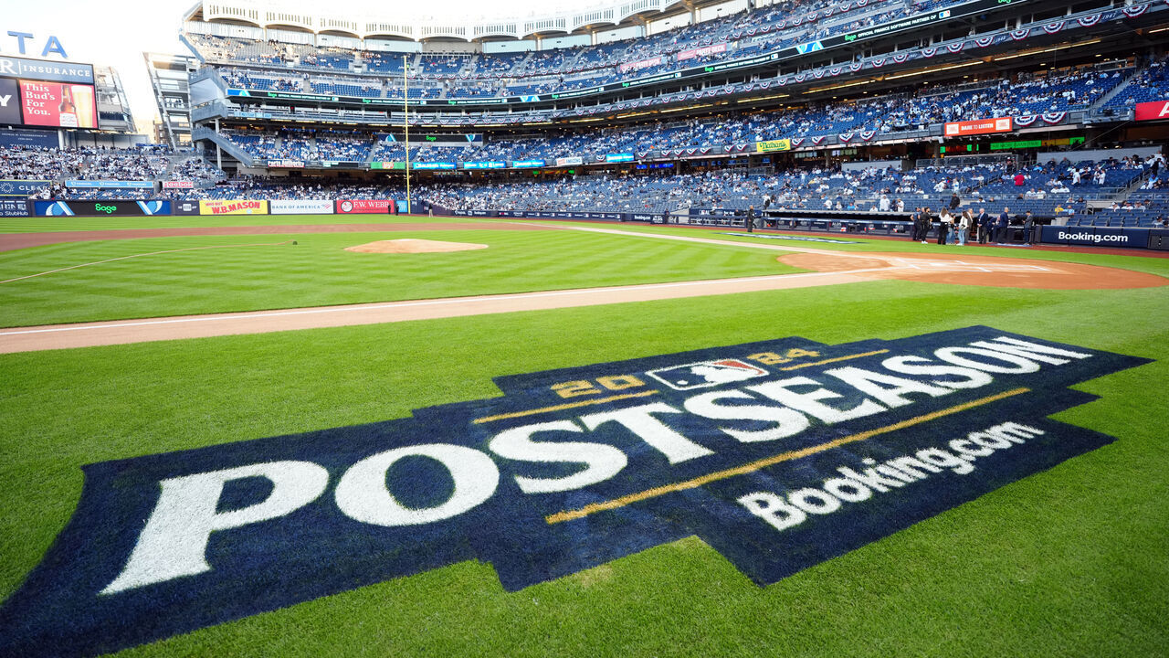 NEW YORK, NY - OCTOBER 05: A general view of the Postseason logo on the field prior to Game 1 of the Division Series presented by Booking.com between the Kansas City Royals and the New York Yankees at Yankee Stadium on Saturday, October 5, 2024 in New York, New York.