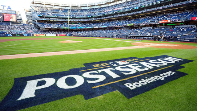 NEW YORK, NY - OCTOBER 05: A general view of the Postseason logo on the field prior to Game 1 of the Division Series presented by Booking.com between the Kansas City Royals and the New York Yankees at Yankee Stadium on Saturday, October 5, 2024 in New York, New York.