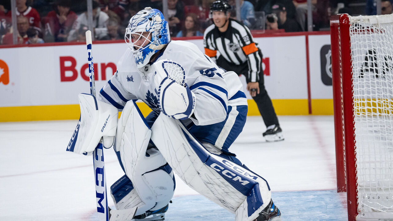 MONTREAL, QC - SEPTEMBER 28: Dennis Hildeby (35) of the Toronto Maple Leafs tends net during the second period of the NHL pre-season game between the Toronto Maple Leafs and the Montreal Canadiens on Sept 28, 2024, at the Bell Centre in Montreal, QC
