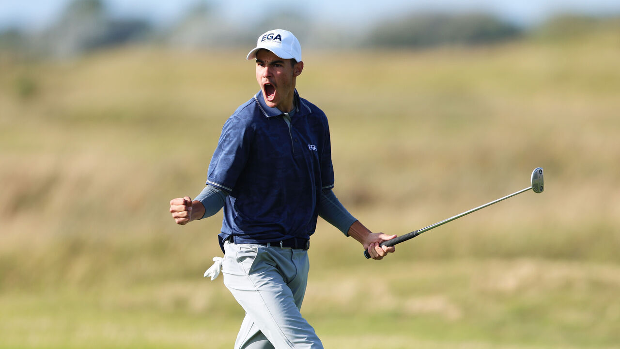 LIVERPOOL, ENGLAND - AUGUST 23: Lev Grinberg of Continent of Europe team celebrates during Day One of the Jacques Leglise Trophy at The West Lancashire Golf Club on August 23, 2024 in Liverpool, England.