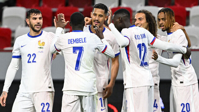 France's forward #20 Bradley Barcola (R) celebrates scoring his team's fourth goal with teammates during the UEFA Nations League League A Group A2 football match between Israel and France at the Bozsik Arena in Budapest, Hungary, on October 10, 2024.