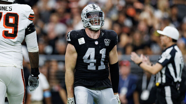 LAS VEGAS, NV - SEPTEMBER 29: Linebacker Robert Spillane #41 of the Las Vegas Raiders celebrates after making a stop during the second quarter of an NFL football game against the Cleveland Browns, at Allegiant Stadium on September 29, 2024 in Las Vegas, Nevada.