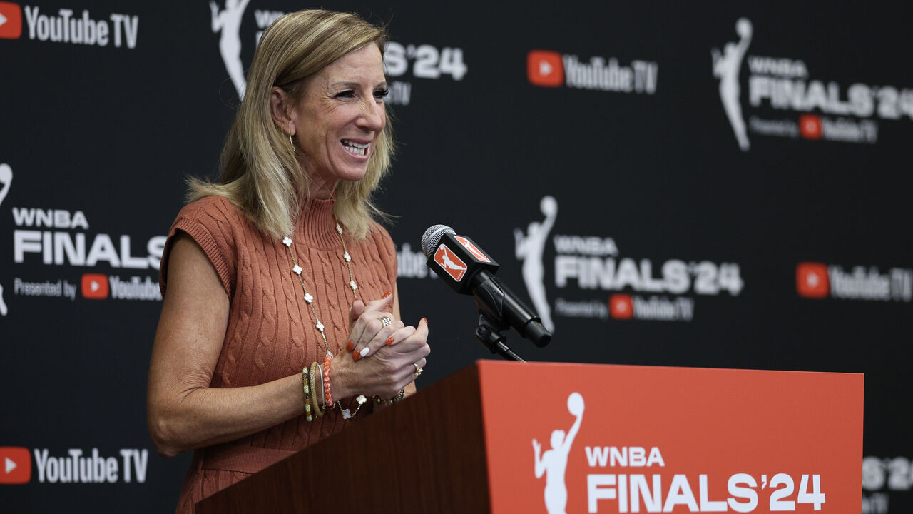NEW YORK, NEW YORK - OCTOBER 10: WNBA commissioner Cathy Engelbert speaks to the media prior to the game between the Minnesota Lynx and the New York Liberty during Game One of the WNBA Finals at the Barclays Center on October 10, 2024 in New York City.