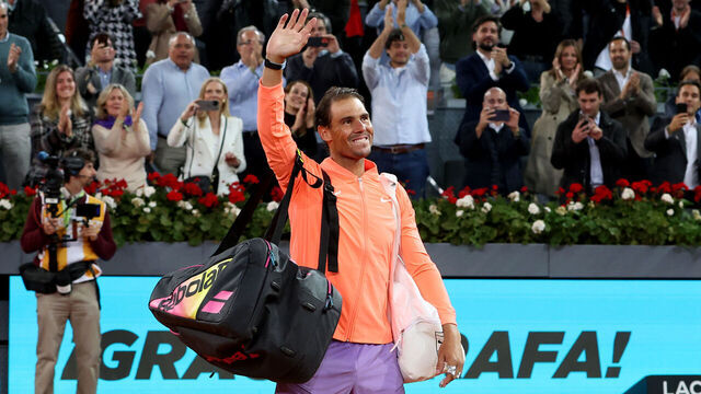 MADRID, SPAIN - APRIL 30: Rafael Nadal of Spain waves goodbye to the Spanish fans after defeat in his last professional match in Spain against Jiri Lehecka of the Czech Republic during their Men's Round of 16 match on day eight of the Mutua Madrid Open at La Caja Magica on April 30, 2024 in Madrid, Spain.