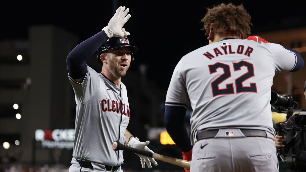 DETROIT, MICHIGAN - OCTOBER 10: David Fry #6 of the Cleveland Guardians celebrates a two run home run during the seventh inning against the Detroit Tigers during Game Four of the Division Series at Comerica Park on October 10, 2024 in Detroit, Michigan.