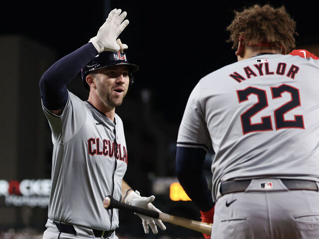 DETROIT, MICHIGAN - OCTOBER 10: David Fry #6 of the Cleveland Guardians celebrates a two run home run during the seventh inning against the Detroit Tigers during Game Four of the Division Series at Comerica Park on October 10, 2024 in Detroit, Michigan.