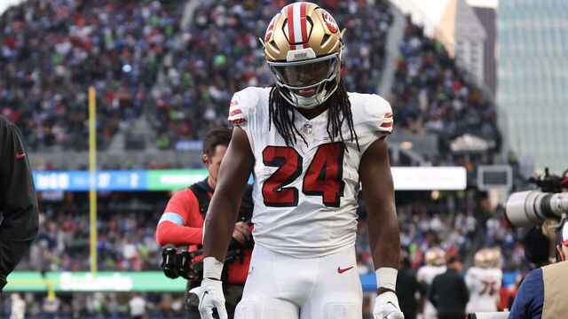 SEATTLE, WASHINGTON - OCTOBER 10: Jordan Mason #24 of the San Francisco 49ers leaves the game with an injury during the second quarter against the Seattle Seahawks at Lumen Field on October 10, 2024 in Seattle, Washington.