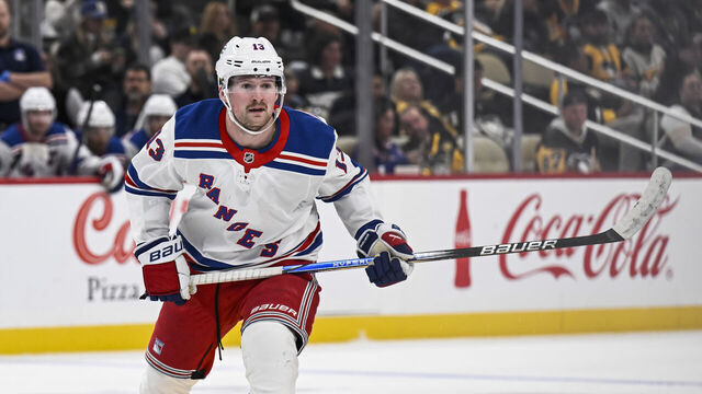 PITTSBURGH, PA - OCTOBER 09: New York Rangers left wing Alexis Lafrenière (13) skates during the third period in the NHL game between the Pittsburgh Penguins and the New York Rangers on October 9, 2024, at PPG Paints Arena in Pittsburgh, PA.