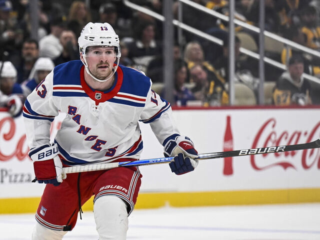 PITTSBURGH, PA - OCTOBER 09: New York Rangers left wing Alexis Lafrenière (13) skates during the third period in the NHL game between the Pittsburgh Penguins and the New York Rangers on October 9, 2024, at PPG Paints Arena in Pittsburgh, PA.