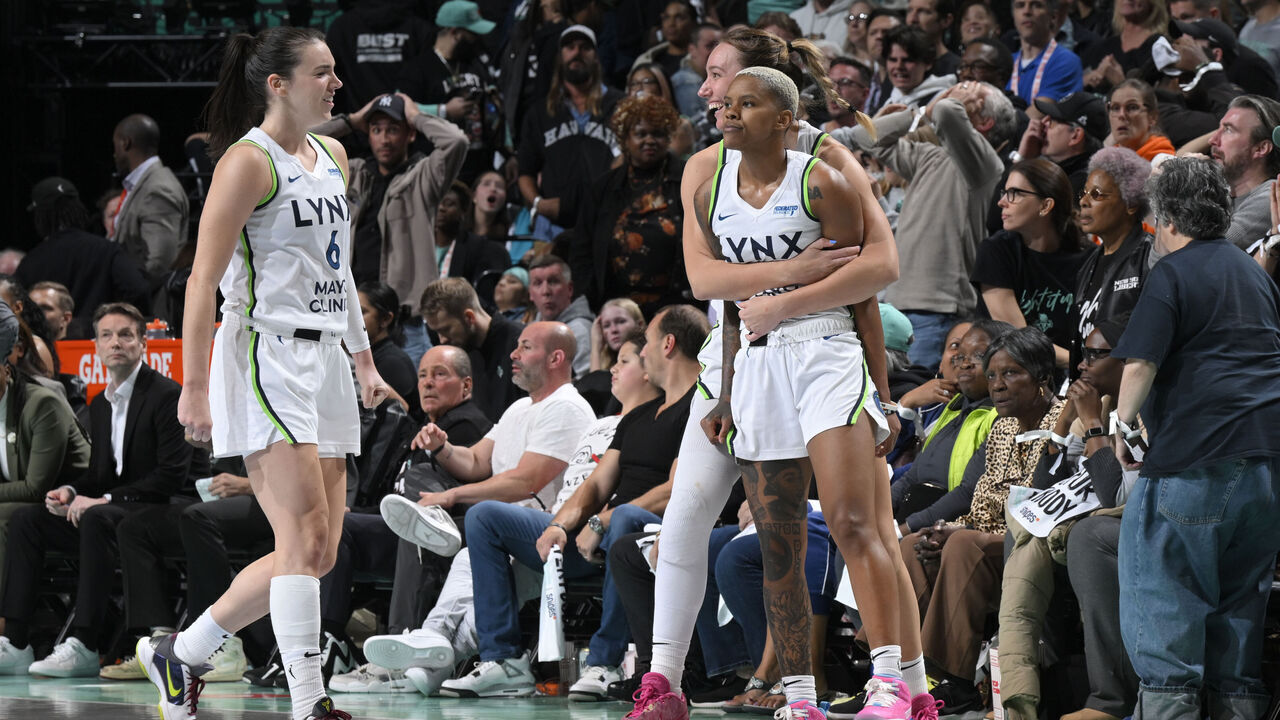 BROOKLYN, NY - OCTOBER 10: Courtney Williams #10 of the Minnesota Lynx celebrates during the game against the New York Liberty during Game 1 of the 2024 WNBA Finals on October 10, 2024 at Barclays Center in Brooklyn, New York. Mandatory Copyright Notice: Copyright 2024 NBAE