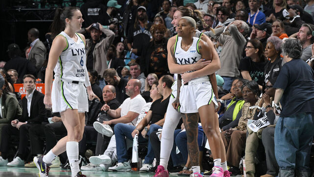 BROOKLYN, NY - OCTOBER 10: Courtney Williams #10 of the Minnesota Lynx celebrates during the game against the New York Liberty during Game 1 of the 2024 WNBA Finals on October 10, 2024 at Barclays Center in Brooklyn, New York. Mandatory Copyright Notice: Copyright 2024 NBAE