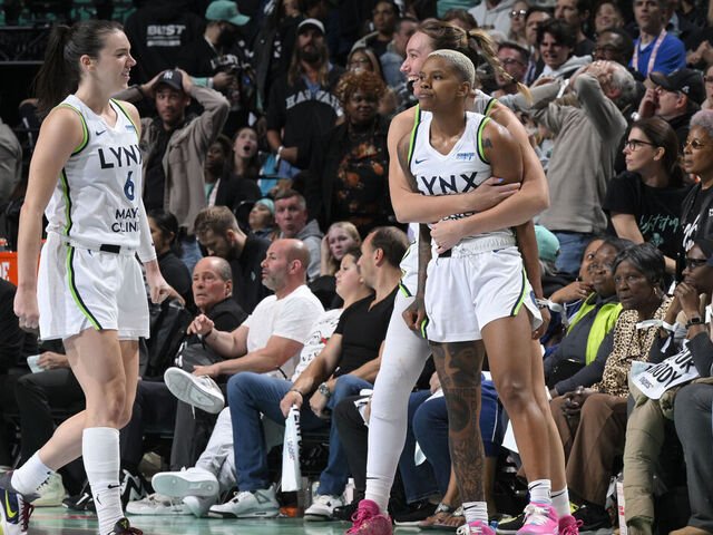 BROOKLYN, NY - OCTOBER 10: Courtney Williams #10 of the Minnesota Lynx celebrates during the game against the New York Liberty during Game 1 of the 2024 WNBA Finals on October 10, 2024 at Barclays Center in Brooklyn, New York. Mandatory Copyright Notice: Copyright 2024 NBAE