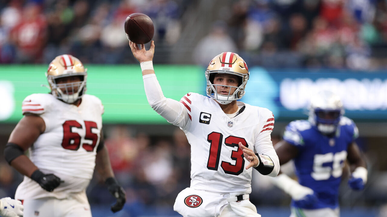 SEATTLE, WASHINGTON - OCTOBER 10: Brock Purdy #13 of the San Francisco 49ers throws the ball during the second quarter against the Seattle Seahawks at Lumen Field on October 10, 2024 in Seattle, Washington.